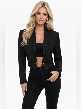 A. Byer Womens Black Cropped Blazer Jacket Size Medium NWT Gold Chain